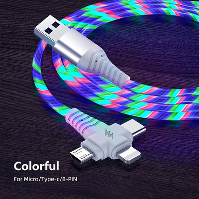 Cablu USB luminos cu flux 3 în 1 pentru Samsung LED Kable USB la Micro USB/Tip C/Fir pentru încărcător cu 8 pini pentru iPhone 14 13 Pro Xiaomi