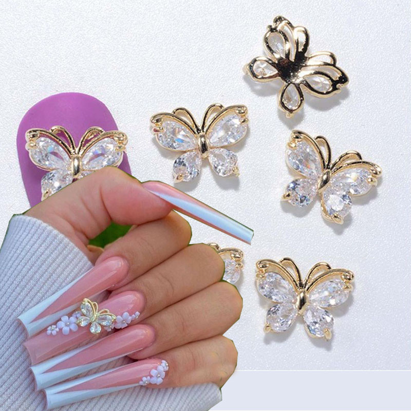 10PC Aliaj Fluture Zircon Nail Art Strass 3D Aur Argintiu Diamante strălucitoare Nail ART Geme Fluturi Cristal Accesoriu pentru manichiură