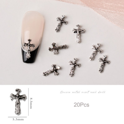 20 de bucăți Mini din aliaj Croce Nail Art Charm 3D Mic Cromat Argint Antic Inimă Decorare unghii Bijuterii Design Punk Accesorii pentru unghii
