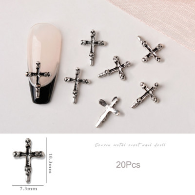 20 de bucăți Mini din aliaj Croce Nail Art Charm 3D Mic Cromat Argint Antic Inimă Decorare unghii Bijuterii Design Punk Accesorii pentru unghii