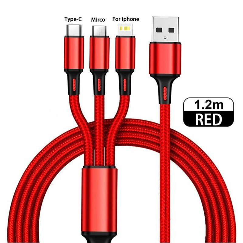 3 viename greito įkrovimo laidas C tipo mikro įkroviklis Keli USB įkrovimo laidai Mobiliojo telefono kelių USB prievadų laidas skirtas Xiaomi iPhone