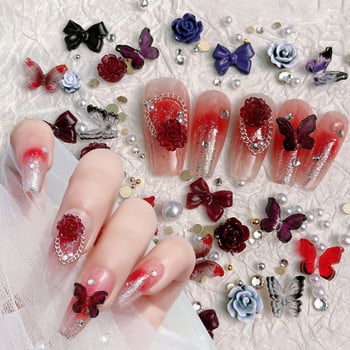 Τριαντάφυλλο Κόκκινο Ρητίνη Flower Nail Charms Μεταλλική αλυσίδα Πέρλες Πεταλούδα Bead Nail Art Κοσμήματα Μαύρο Μωβ Διακόσμηση DIY Part Nail Προμήθεια