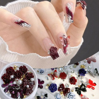 Τριαντάφυλλο Κόκκινο Ρητίνη Flower Nail Charms Μεταλλική αλυσίδα Πέρλες Πεταλούδα Bead Nail Art Κοσμήματα Μαύρο Μωβ Διακόσμηση DIY Part Nail Προμήθεια