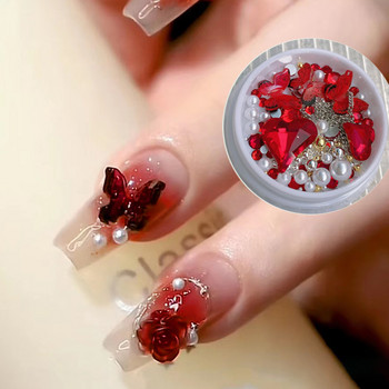 Τριαντάφυλλο Κόκκινο Ρητίνη Flower Nail Charms Μεταλλική αλυσίδα Πέρλες Πεταλούδα Bead Nail Art Κοσμήματα Μαύρο Μωβ Διακόσμηση DIY Part Nail Προμήθεια
