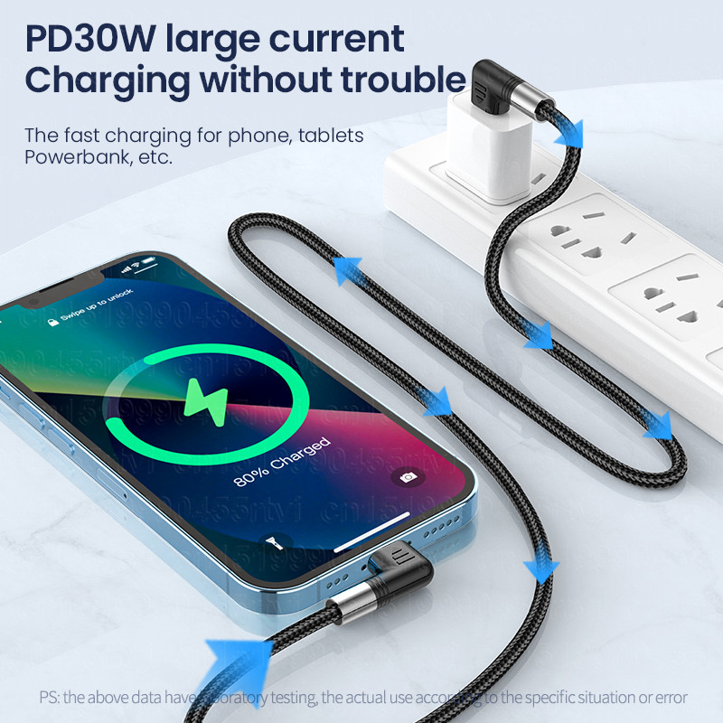 Dvigubas alkūnės PD30W USB C greito įkrovimo laidas, skirtas iPhone 14 13 12 Pro Max mobiliojo telefono kilmės įkroviklio kabelis Type-C duomenų laidas 2M