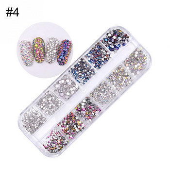 12 решетки/кутия Цветни кристали Изкуство за нокти Стрази Акрилни камъни за нокти Плосък гръб Блестящи връхчета 3D декорации за изкуство за нокти