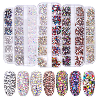 12 rešetki/kutija Šareni kristali Nail Art Rhinestones Akrilni nail kamenčići Ravna stražnja strana Sjajni vrhovi 3D Nail Art Decorations