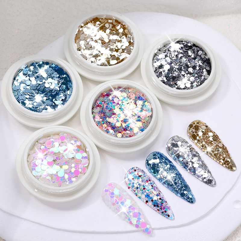 Χρυσές ασημί νιφάδες νυχιών χοντροκομμένες γκλίτερ παγιέτες νυχιών μανικιούρ λέιζερ Πολύχρωμη πούδρα Sparkly εξάγωνο ντεκόρ