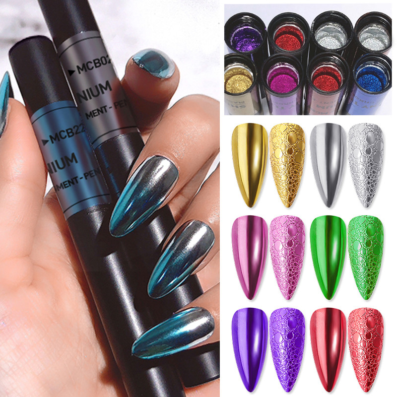 Raudonas metalinis nagų veidrodis blizgantis miltelių rašiklis Trinti dulkės blizgus auksas sidabras chromas oro pagalvėlė stebuklingi dribsniai pigmentas „pasidaryk pats“ priedai „Deco“