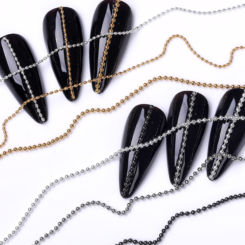 Nagų karoliukų grandinėlė 0,8 mm/1/1,2/2 mm rožinio aukso sidabro akmens nagų dailės puošmenos aksesuarai metaliniai plieniniai rutuliukai, nagų dailės papuošalai