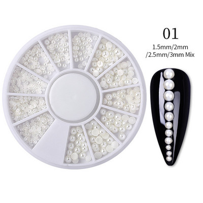 Perle Albe Margele pentru unghii Stras Mărimi amestecate Sfaturi pentru unghii Frumusețe 3d Nail Art Decor în cutie DIY Manichiură Nail Charms
