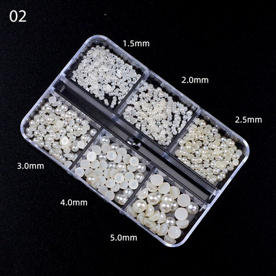Perle Albe Margele pentru unghii Stras Mărimi amestecate Sfaturi pentru unghii Frumusețe 3d Nail Art Decor în cutie DIY Manichiură Nail Charms