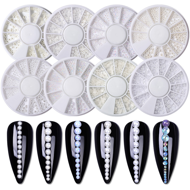 Perle Albe Margele pentru unghii Stras Mărimi amestecate Sfaturi pentru unghii Frumusețe 3d Nail Art Decor în cutie DIY Manichiură Nail Charms