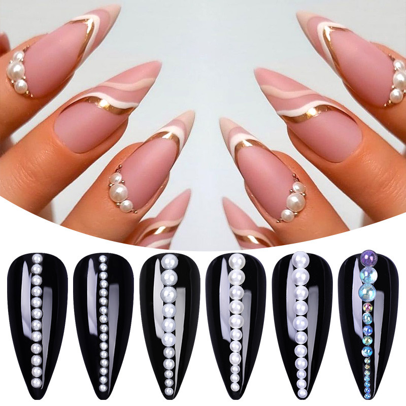 Perle Albe Margele pentru unghii Stras Mărimi amestecate Sfaturi pentru unghii Frumusețe 3d Nail Art Decor în cutie DIY Manichiură Nail Charms