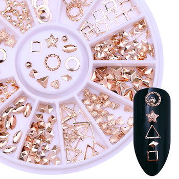 Геометрия от розово злато, нитове, сплав, шипове за нокти, хамелеон, камък за нокти, планински кристал, малки неправилни мъниста, 3D декорация за нокти в колело