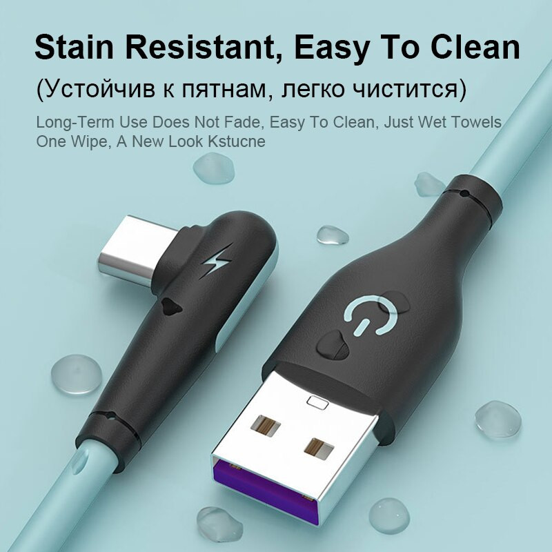 USB C laidas 90 laipsnių greito įkroviklio USB tipo C laidas, skirtas Huawei Mate 40 Xiaomi Mi 11 Ultra Mobile Phone USB-C minkštas silikoninis laidas