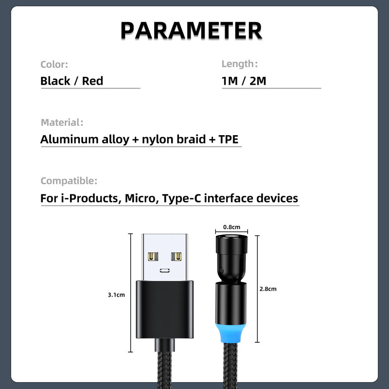 FONKEN Magnetic Charging Cable 540 Degree Rotate Magnetic Cable 180 360 Micro USB Cable Magnet Charge Charger Charger Type Cord
