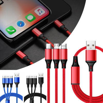 Trīs vienā ātrās uzlādes vads iPhone Huawei Micro USB Type C lādētāja kabelis Vairāki USB porti Vairāki USB uzlādes vadi