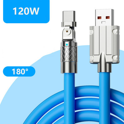 120 w 6 A elkonis, C tipa USB C, 180 grādos, rotējošs šķidrums, silikona gumijas mobilais tālrunis, ātrā lādētāja USB vads tālruņa spēlēšanai