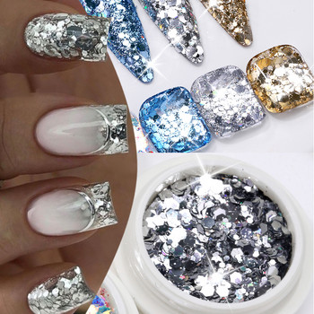 Сребристо сини масивни блестящи пайети за нокти Лазерни златисти сребърни люспи за нокти Маникюр Цветна пудра Блестящ шестоъгълен декор