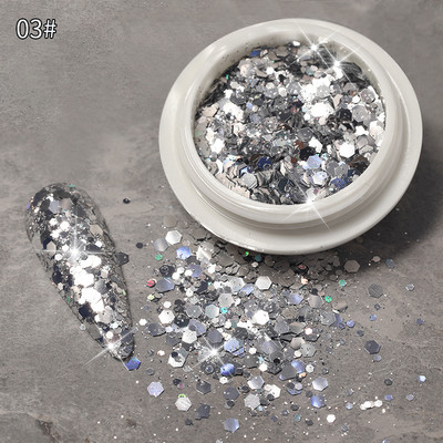 Sidabro mėlyna stambi blizgučiai nagų blizgučiai lazeriu aukso sidabro nagų dribsniai manikiūras Spalvinga pudra blizgantis šešiakampis dekoras