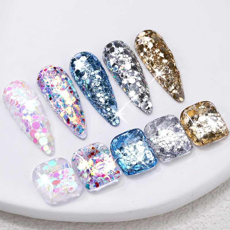 Sidabro mėlyna stambi blizgučiai nagų blizgučiai lazeriu aukso sidabro nagų dribsniai manikiūras Spalvinga pudra blizgantis šešiakampis dekoras