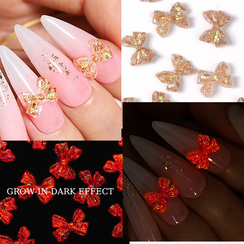 50 kom/vreći svjetlucava zlatno srebrna mašna 3D ukrasi za nokte koji svijetle u tami crno bijeli dodaci za nokte u obliku srca sa kamenčićima