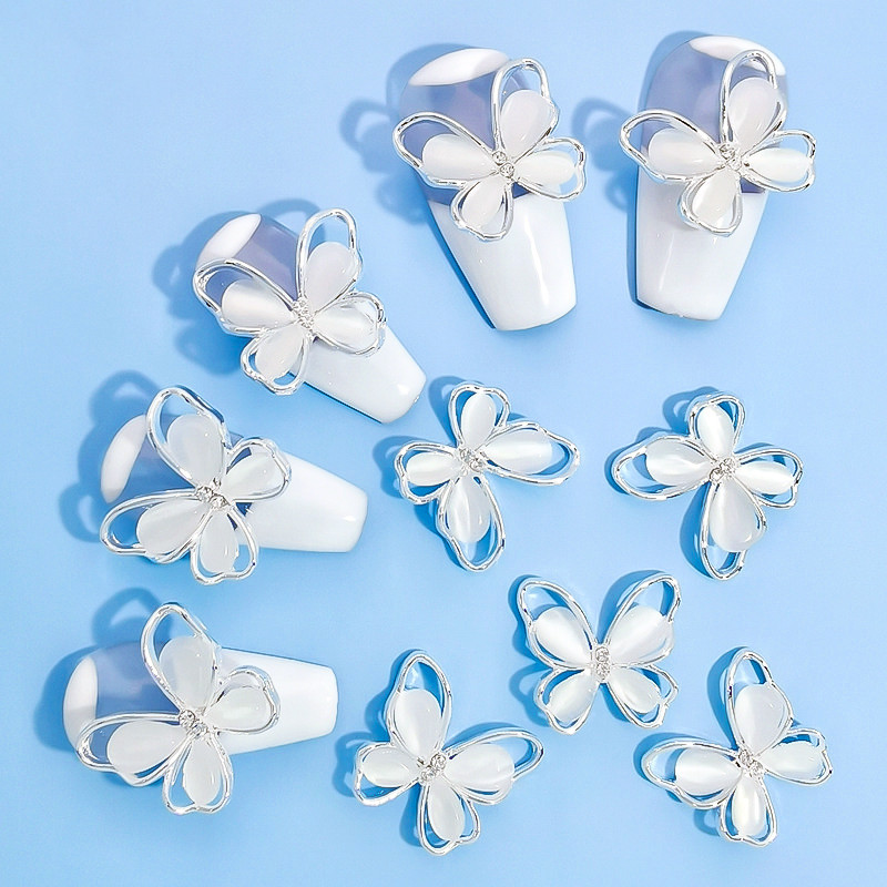 1vnt. Sidabrinis baltas opalas brangakmeniai drugelio nagų smeigtukai auksinės širdelės Bowknot nagų krištolo papuošalai manikiūras 3D nagų dailės dekoracijos