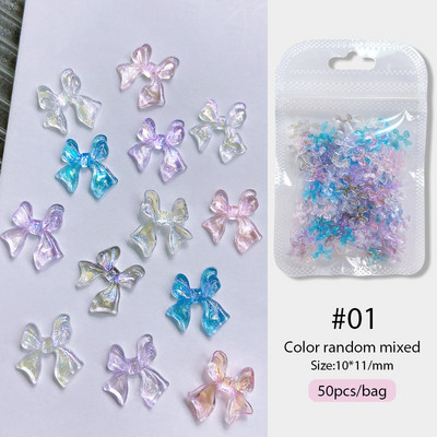 50 vnt Želė juostelė Bowknot Nail Art Charms 3D Spalvinga Permatoma Spalva Vasarinė Nagų Dekoracija Korėjos Auroras Nail Decor