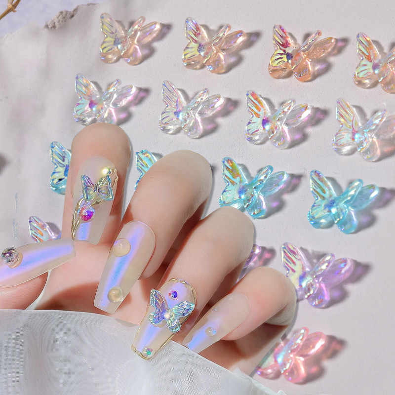 Daugiaspalvis Aurora Butterfly 3D Nail Art Charms blizgantis dervos spindesys tamsiai krištolo nagų puošmena gelio nagų puošmena „pasidaryk pats“ manikiūras