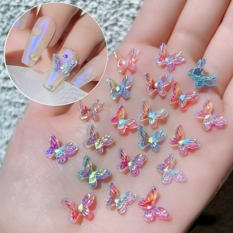 Daugiaspalvis Aurora Butterfly 3D Nail Art Charms blizgantis dervos spindesys tamsiai krištolo nagų puošmena gelio nagų puošmena „pasidaryk pats“ manikiūras