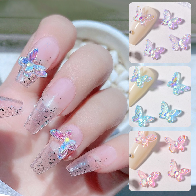 Daugiaspalvis Aurora Butterfly 3D Nail Art Charms blizgantis dervos spindesys tamsiai krištolo nagų puošmena gelio nagų puošmena „pasidaryk pats“ manikiūras
