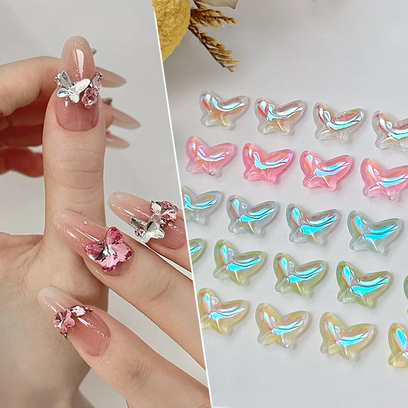 Daugiaspalvis Aurora Butterfly 3D Nail Art Charms blizgantis dervos spindesys tamsiai krištolo nagų puošmena gelio nagų puošmena „pasidaryk pats“ manikiūras