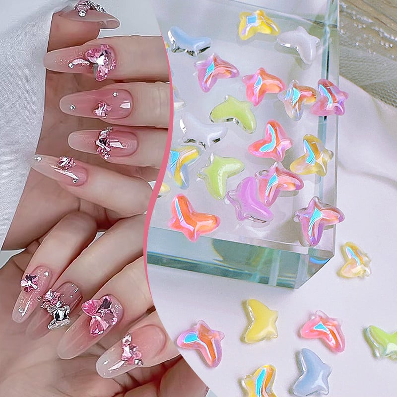Daugiaspalvis Aurora Butterfly 3D Nail Art Charms blizgantis dervos spindesys tamsiai krištolo nagų puošmena gelio nagų puošmena „pasidaryk pats“ manikiūras