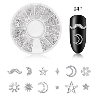 Μικτά 12 στυλ Ασημένιο 3D Star Moon Metal Rivet Ongles Διακόσμηση νυχιών Αξεσουάρ Μανικιούρ Γούρια Καρφιά για κοσμήματα από κράμα