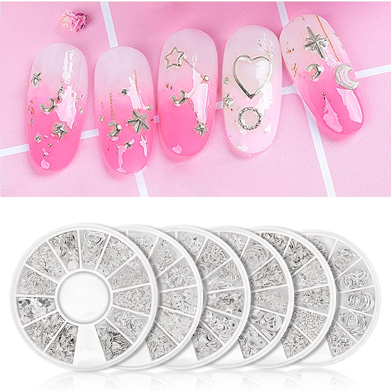 Μικτά 12 στυλ Ασημένιο 3D Star Moon Metal Rivet Ongles Διακόσμηση νυχιών Αξεσουάρ Μανικιούρ Γούρια Καρφιά για κοσμήματα από κράμα