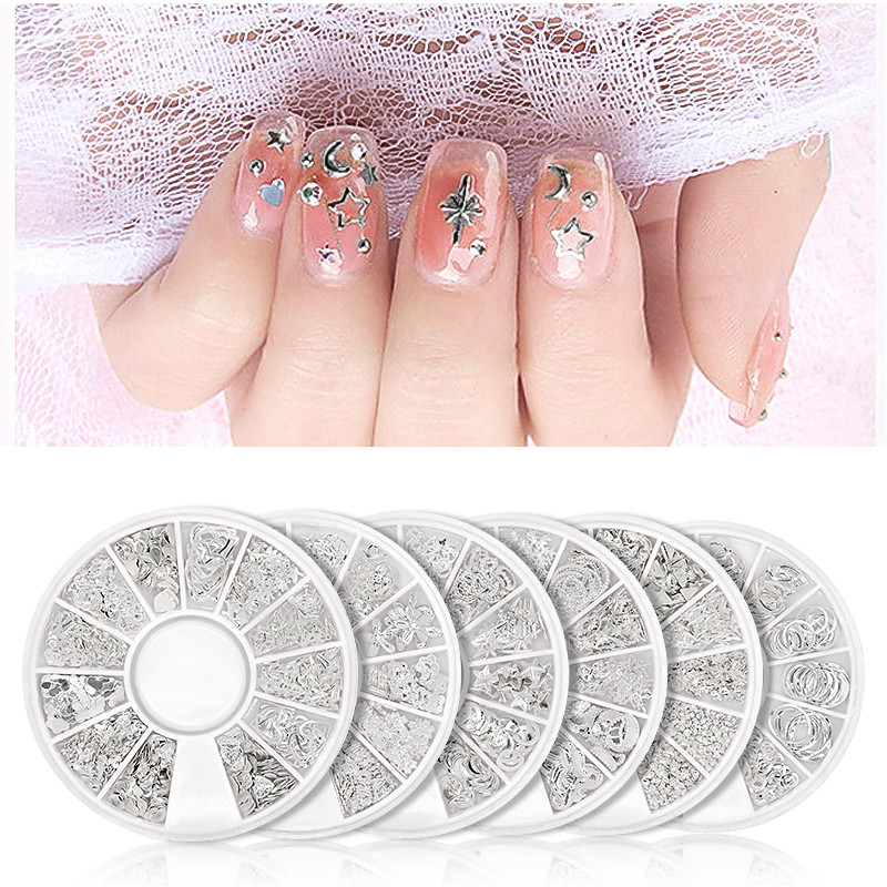 Μικτά 12 στυλ Ασημένιο 3D Star Moon Metal Rivet Ongles Διακόσμηση νυχιών Αξεσουάρ Μανικιούρ Γούρια Καρφιά για κοσμήματα από κράμα