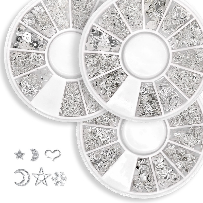 Μικτά 12 στυλ Ασημένιο 3D Star Moon Metal Rivet Ongles Διακόσμηση νυχιών Αξεσουάρ Μανικιούρ Γούρια Καρφιά για κοσμήματα από κράμα