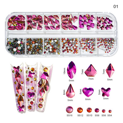 12Grilă (Fiecare-1-Formă) Nail Art Cristal Strass, AB/Roz/Roșu...Pentru unghii/pânză/Păr...Decoruri pentru pietre prețioase din sticlă Aprovizionare pentru unghii P406(1-9)