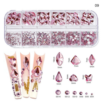 12Grilă (Fiecare-1-Formă) Nail Art Cristal Strass, AB/Roz/Roșu...Pentru unghii/pânză/Păr...Decoruri pentru pietre prețioase din sticlă Aprovizionare pentru unghii P406(1-9)