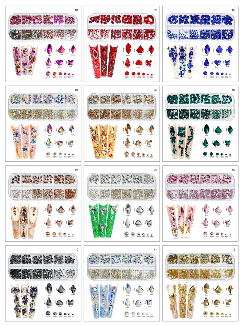 12Grilă (Fiecare-1-Formă) Nail Art Cristal Strass, AB/Roz/Roșu...Pentru unghii/pânză/Păr...Decoruri pentru pietre prețioase din sticlă Aprovizionare pentru unghii P406(1-9)