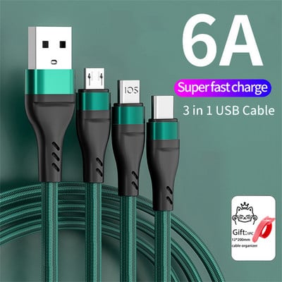 6A 3 vienā uzlādes kabelis C tipa mikro USB ātrā lādētājs C tipa mikro USB kabeļa datu kabeļi iPhone Sansung Xiaomi Huawei