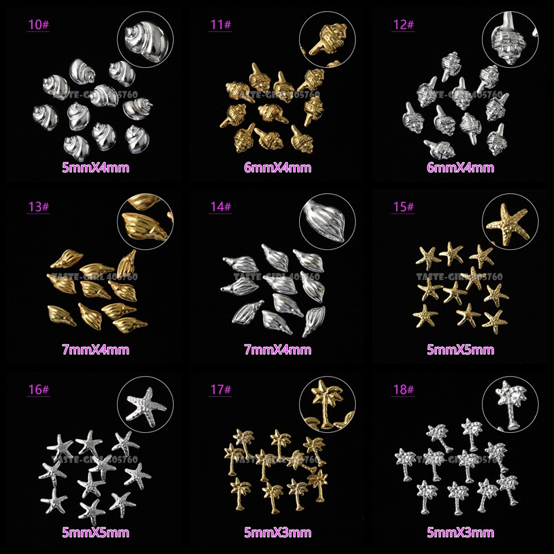 500 vnt. 3D sidabro aukso vandenyno jūros gyvybės kriauklės Jūros žvaigždės sraigės hipokampo plunksnos metalinės smeigės nagų dailės kniedės manikiūro dekoras