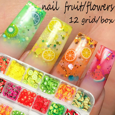 12 πλέγματα/κουτί 3D Fruit Mixed Tiny Slice Αυτοκόλλητο Πολυμερικός Πηλός DIY Σχέδιο νυχιών Αξεσουάρ για νύχια Διακόσμηση νυχιών τέχνης