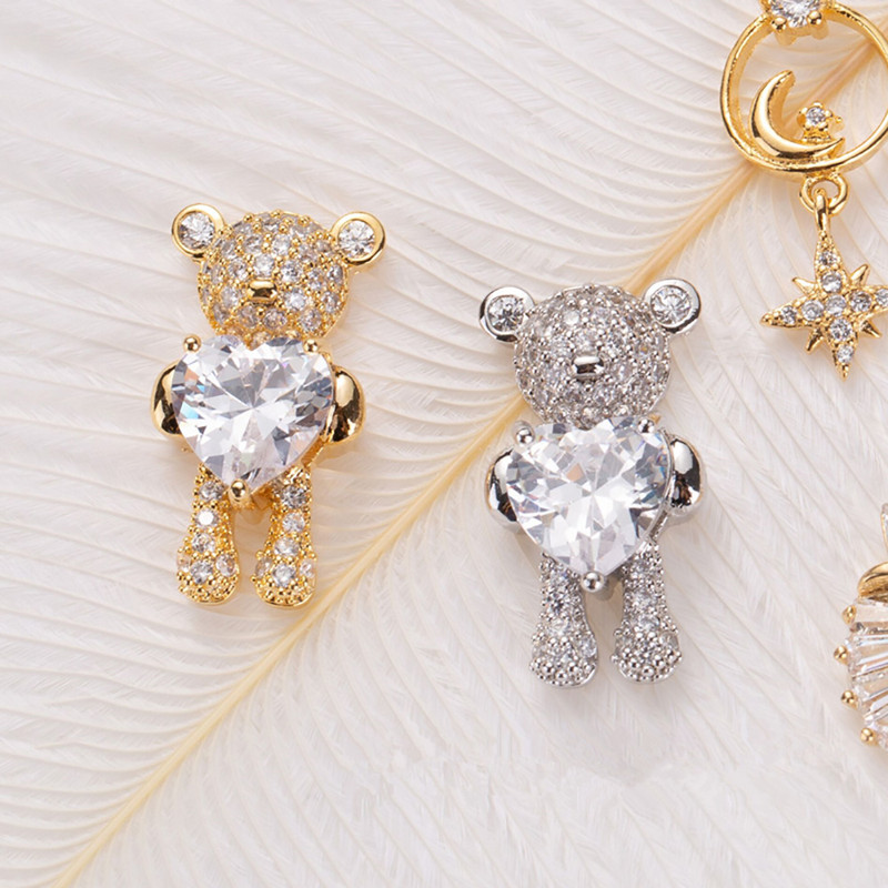 Din aliaj de zircon strălucitor Urs drăguț Decorații 3D pentru unghii, cu inimă, cristal, bijuterii creative pentru unghii, accesorii de design pentru manichiură