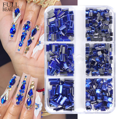 Bling Blue nagu Rhinestones kristāla 3D sakausējuma nagu mākslas piekariņi plakana dibena jauktas formas dimanta dārgakmeņi luksusa nagu piegāde CHYW28