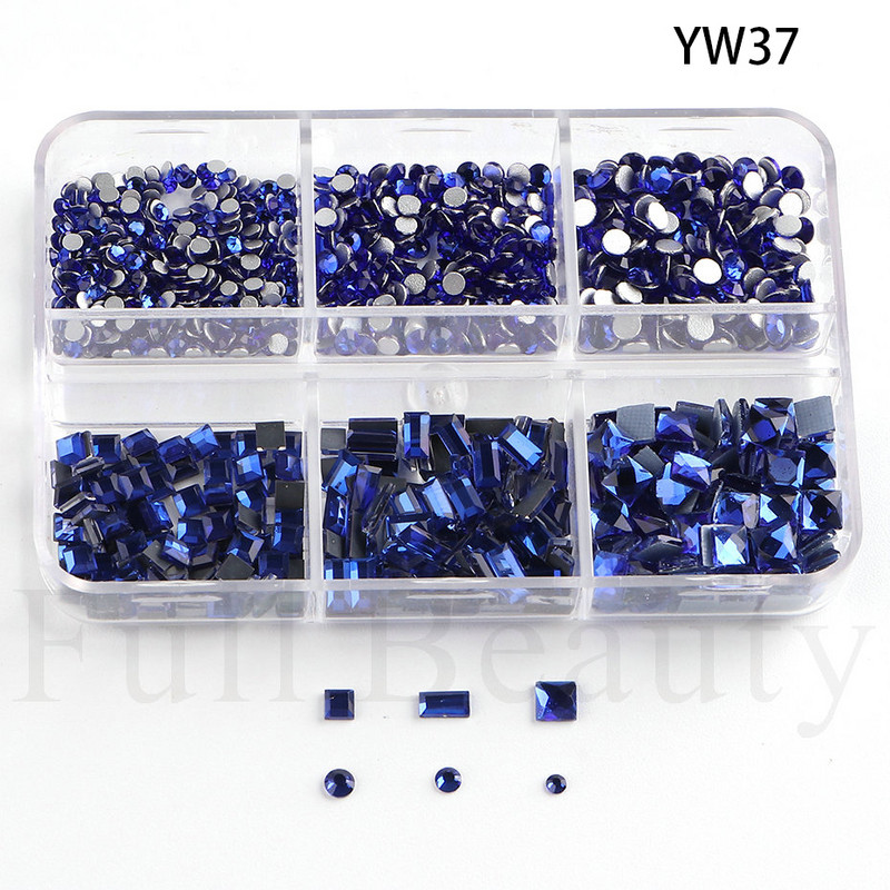Bling mėlynas nagų krištolas krištolinis 3D lydinys nagų dailės žavesiai plokščiu dugnu, mišrios formos deimantiniai brangakmeniai prabangūs nagų reikmenys CHYW28