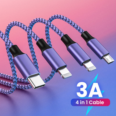 3A 4 in 1 mikro USB C tipa Lightning tālruņa kabelis iPhone 13 12 11 X 8 Samsung Huawei Xiaomi 1,3 m USB vads tālrunim Xiaomi