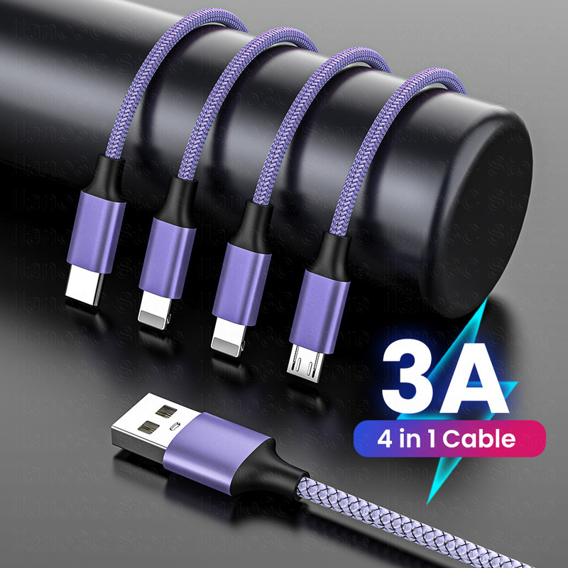 3A 4 in 1 Micro USB Type C Lightning telefono laidas, skirtas iPhone 13 12 11 X 8 Samsung Huawei Xiaomi 1,3 m USB laidas, skirtas Xiaomi