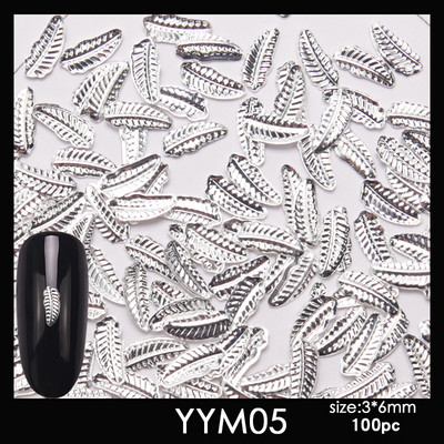 Naujas 100 vienetų nagų dailės dekoravimo aukso ir sidabrinės plunksnos 3D metalinių dalių modeliavimo įrankis nagų dizaino kūrimui